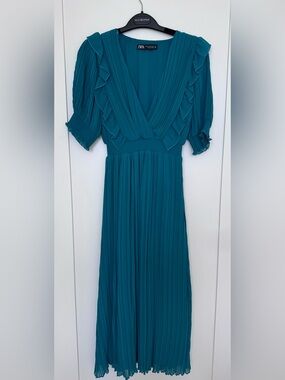 Zara Teal Pleated Maxi Dress with Ruffle Trim